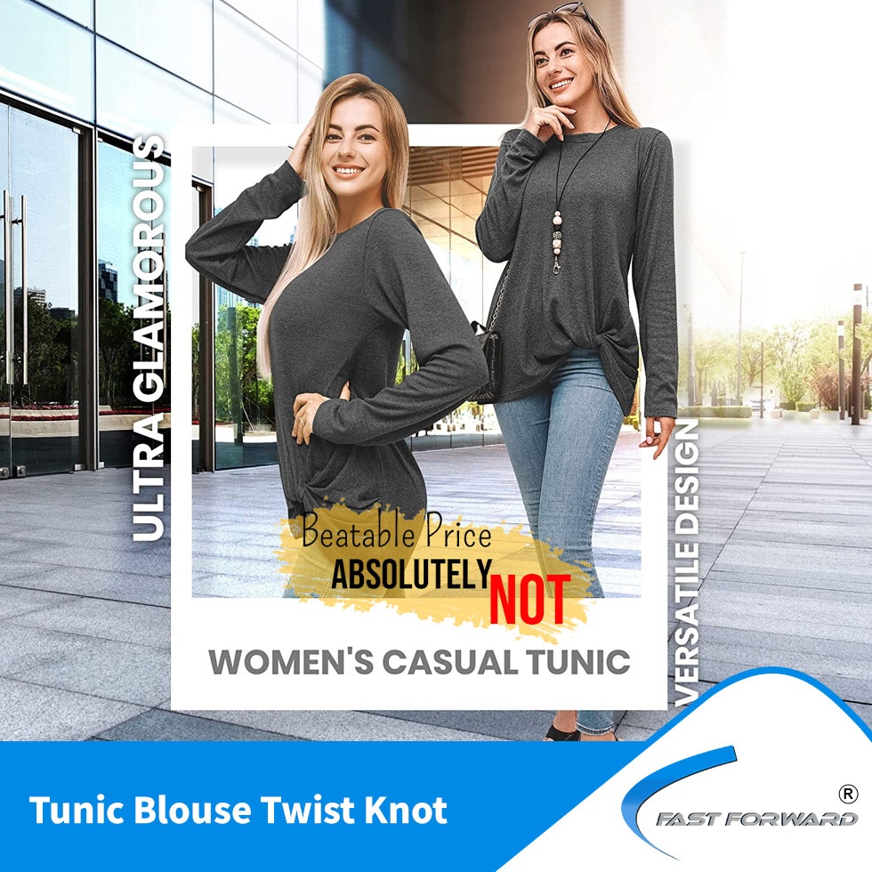 Fast Forward Women’s Tunic Blouse Twist Knot, Long Sleeves T Shirt, Loose Fitting Pullover Tops