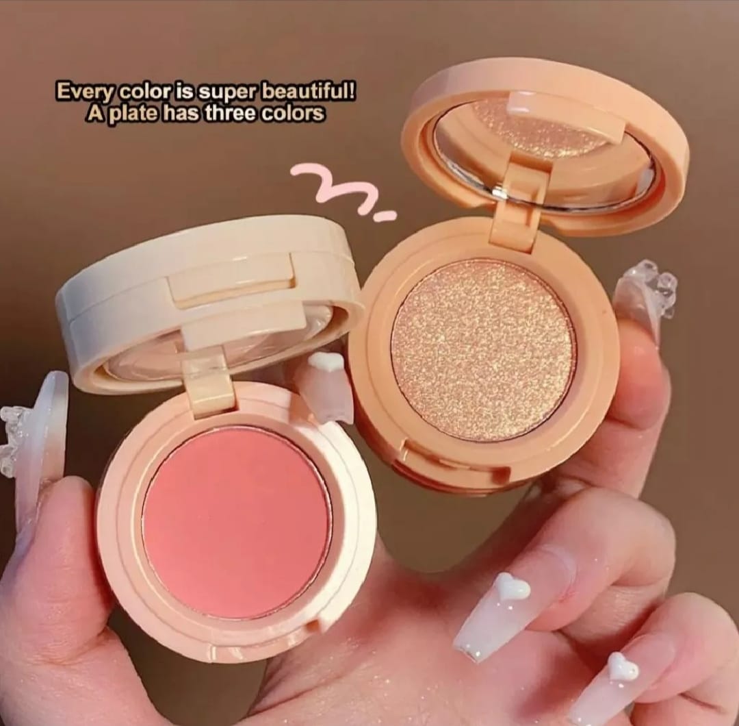 3 in 1 Glitter Blush Palette with Mirror – Dual Matte Blush & Shimmer Highlighter Compact | Soft Pink Cheek Tint, Face Highlighter, Long Lasting Makeup, Portable Travel Size, Natural Glow, Lightweight Beauty Cosmetic for Women & Girls in Pakistan