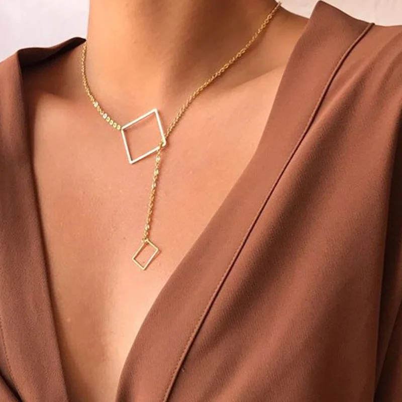 Exclusive Squarer Hollow Chain Charm Wedding Long Strip Pendant Necklace For Women & Girls