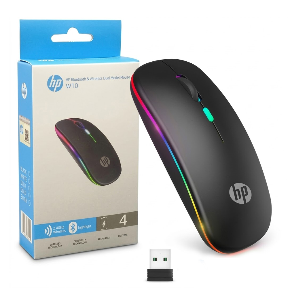 HP W10 Wireless Rechargeable Slim Mouse, Ergonomic Design with Colorful Lights, Portable Mouse for PC & Laptop