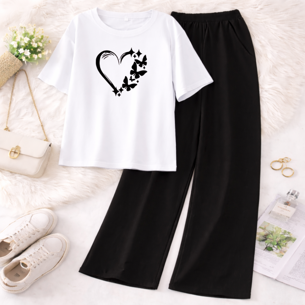 FashionPoint - ButterFly Heart Printed 2Pcs Printed Half Sleeves T Shirt with Trouser Soft Jersey Fabric Casual Daily Wear For Girls and Kids