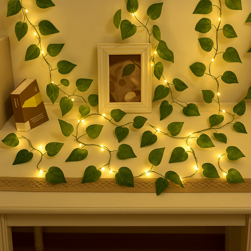 Artificial Plant Leaves with Fairy Lights – Battery Operated Money Plant Décor | Perfect for Room, Home & Wedding Decoration