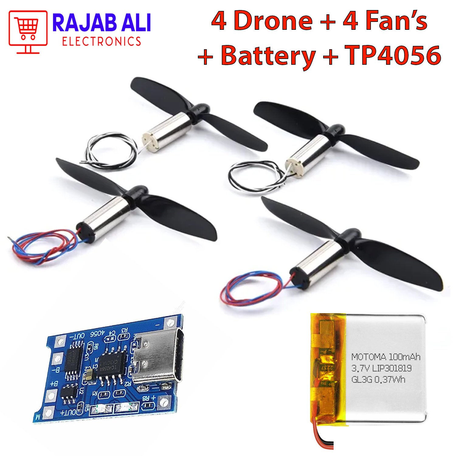 Drone Motor Quadcopter Cordless High Speed With Propellor + TP4056 (Protection) C-Type + Lithium Battery 3.7V Rechargeable School Projects