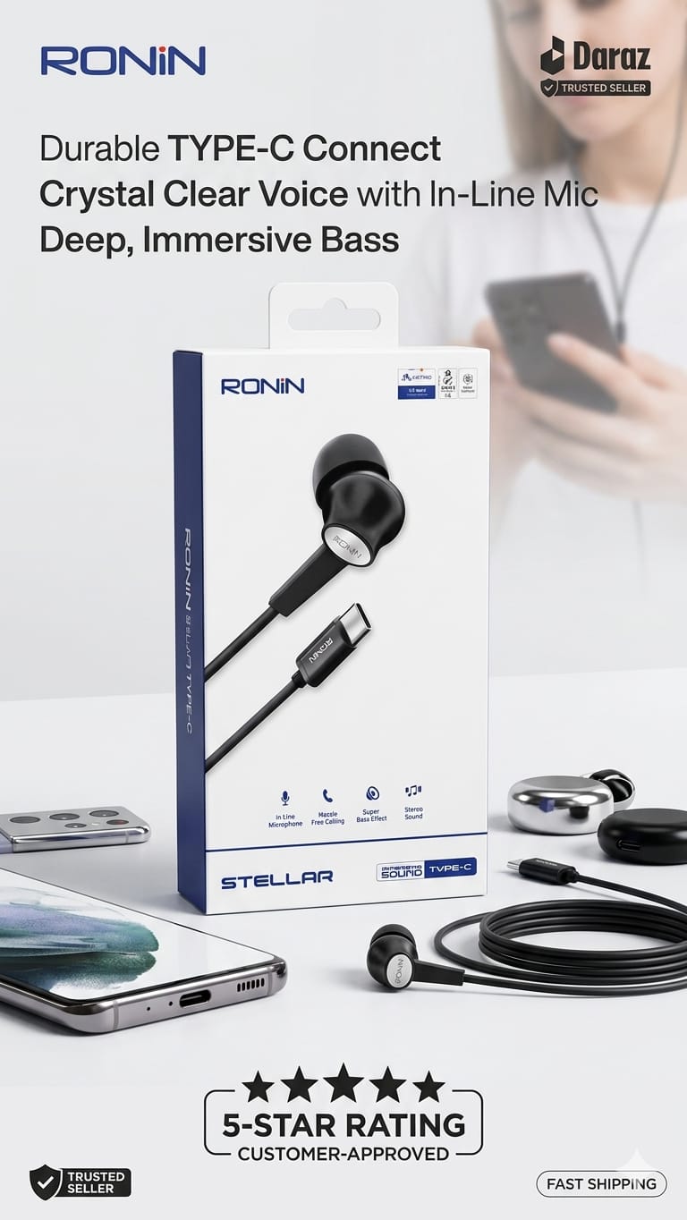 RONIN R-29 STELLAR Type-C Handsfree With Crystal Clear Sound | Clear Calling | powerful & Deep Base | 10mm Deep Bass Driver | Immersive HD Stereo Sound |112dB ±3dB Sensitivity | 20Hz–20kHz | 1.2m Flex