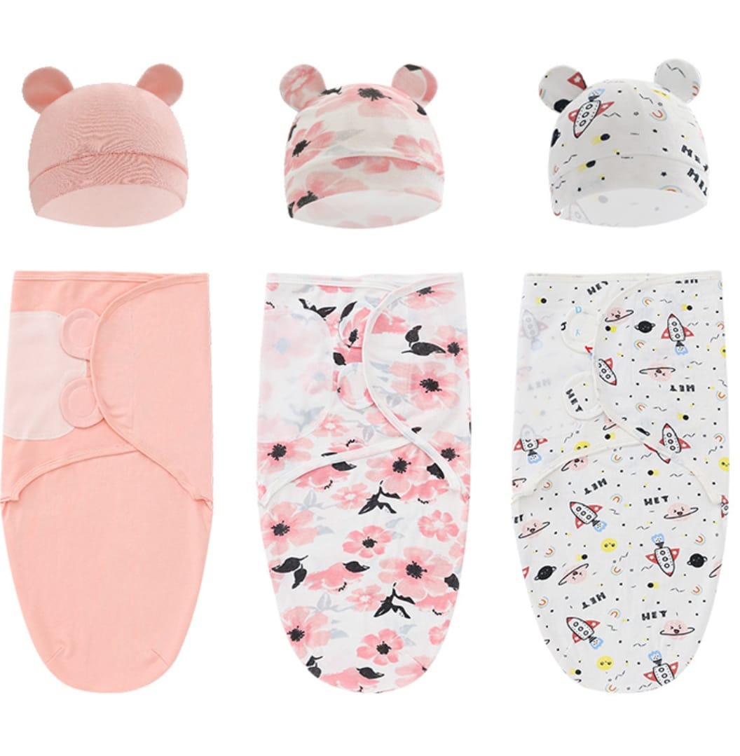 2pcs/set 0-6 Month Cotton Sleepsack Baby Swaddle Blanket Wrap Hat Set Infant Adjustable Newborn Cocoon Sleeping Bag Muslin