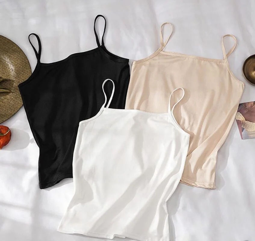 Pack of 3 Elegant Stretchable Cotton Camisole Tank Top Set for Women – Stretchable Innerwear – Black/White/Skin