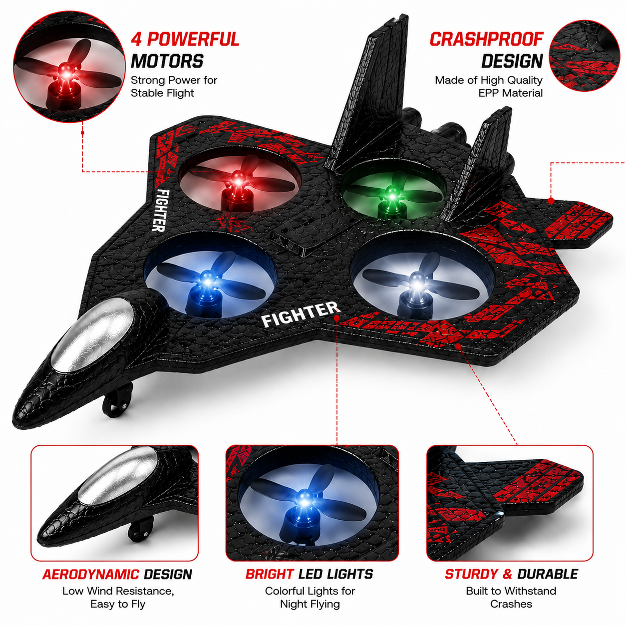 Remote Control Fighter plane RC Flying Jet 2.4GHz | Thunder Charge VTOL Fighter Aircraft | Vertical Take-Off & Landing | RC plane 360° Flips| LED Lights | Rechargeable | 50M Range | 4 Motors | 3 Speed Levels