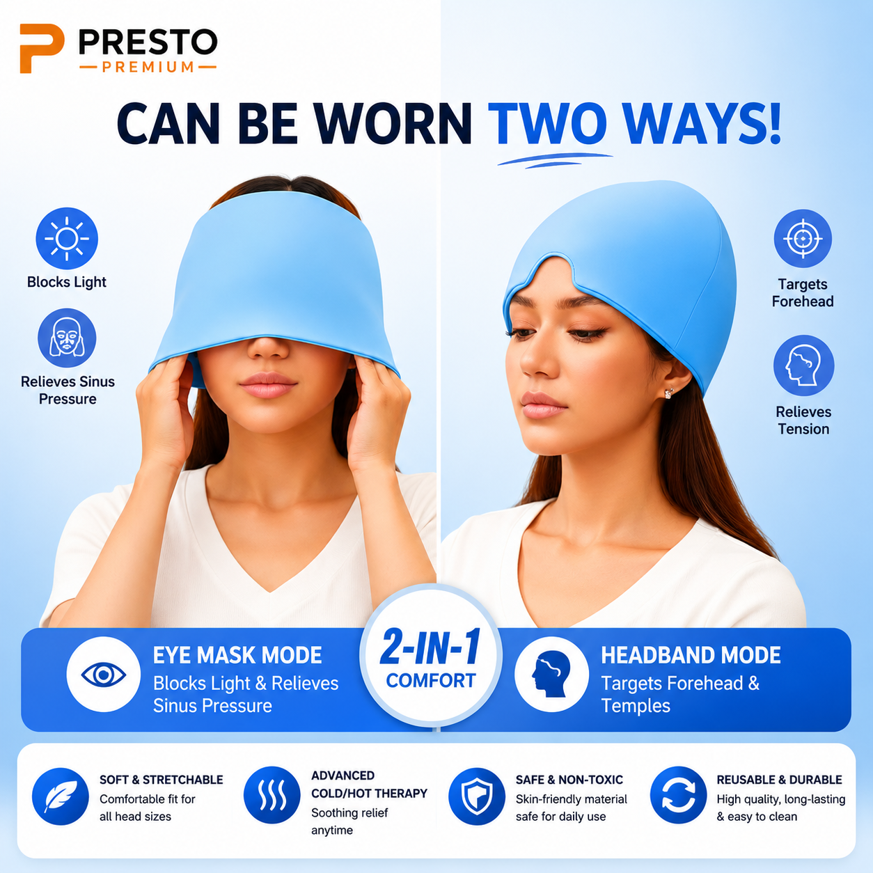 PRESTO Premium Migraine Relief Ice Cap – Reusable Hot & Cold Therapy Headache Relief Hat for Men & Women | Cooling Gel Head Wrap for Migraine, Stress, Sinus Pain & Relaxation
