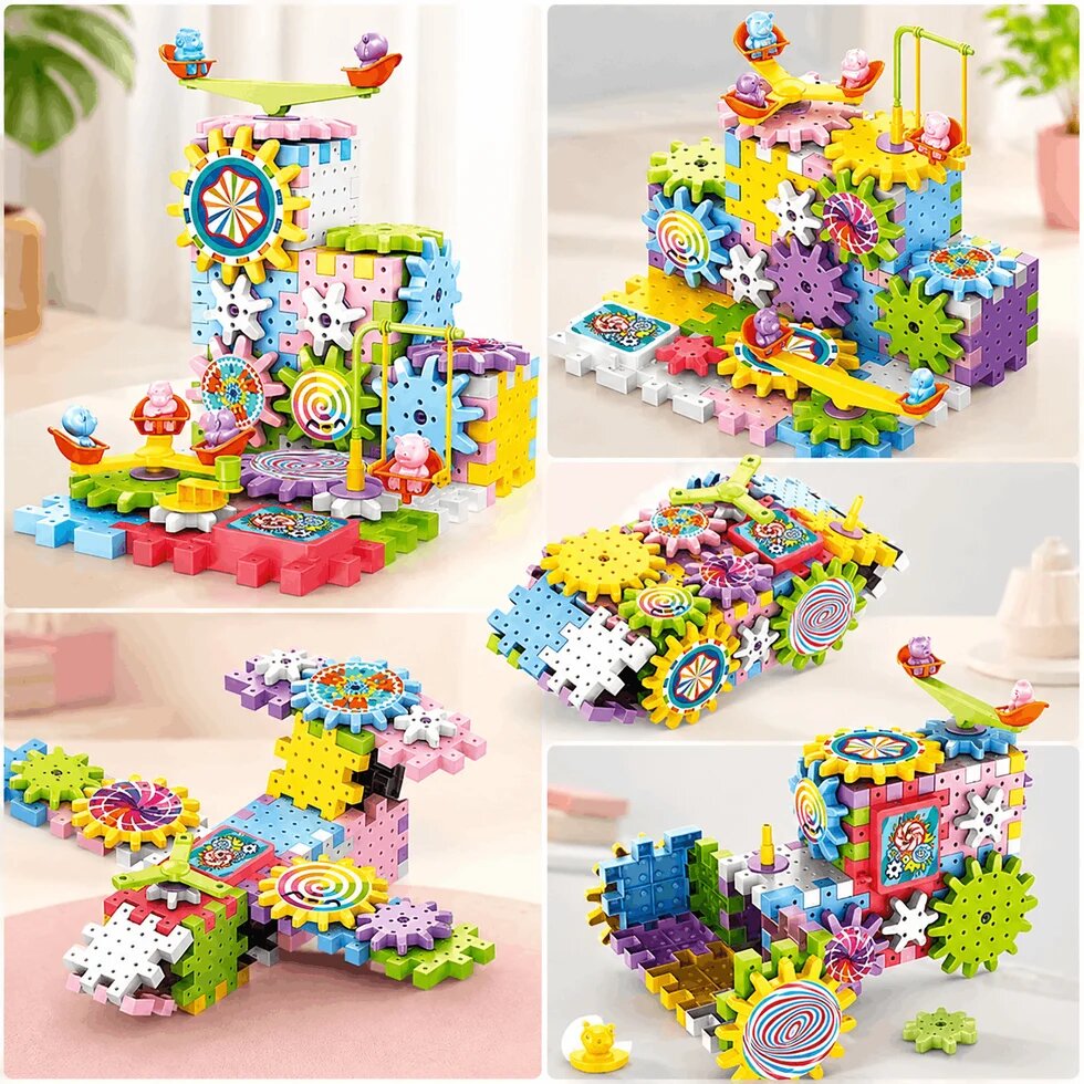 Electric Building Block Gear Toy Set DIY Plastic Brick Toys Colourful Building Block Large Particle Electric Gear Rotating Assembly Block Children Early Education Puzzle Fun Learning Blocks Gifts for Birthday