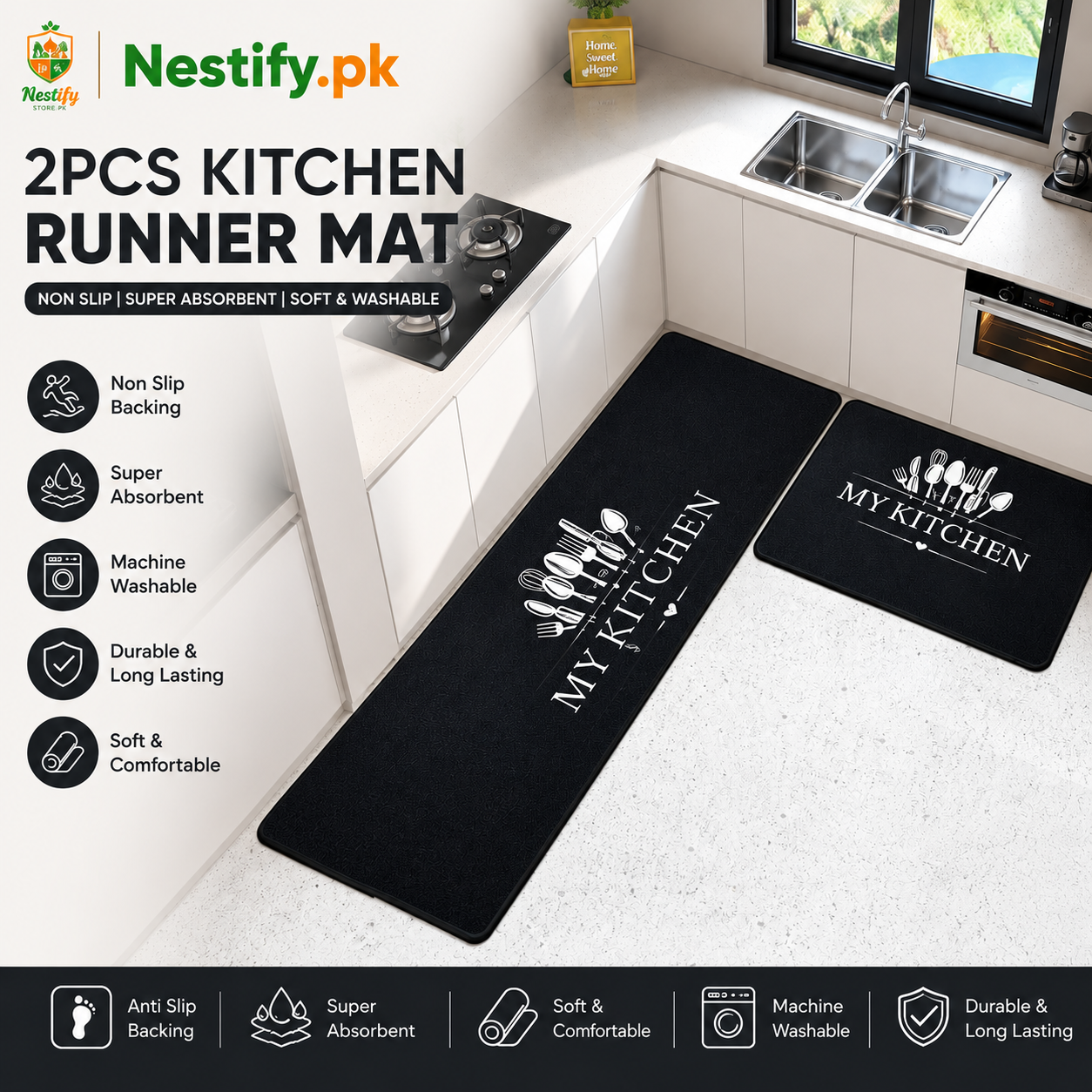 Nestify.pk - 2pcs Kitchen Runner Mat Non Slip Super absorbent Bedroom Long Bedside Area Rug Soft Washable Carpet Bathroom Entrance Door mat - anti slip mat