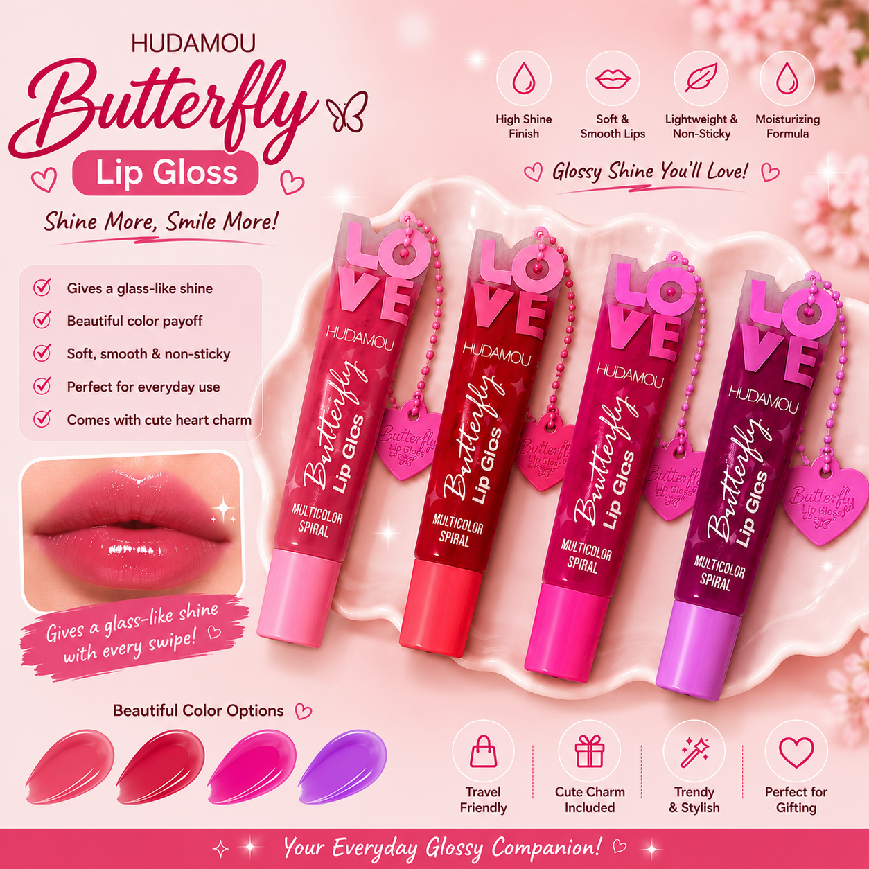 Metal Heart  Lip Gloss with Glitter | Long Wear Moisturizing Lip Gloss | Non Sticky Smooth Texture | Waterproof Glossy Lipstick | Beauty Makeup for Women & Girls