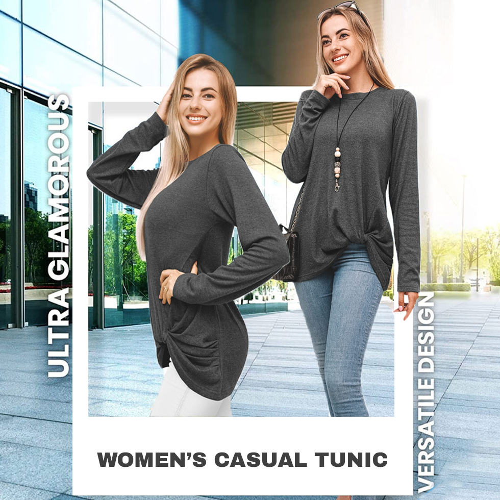 Fast Forward Women’s Tunic Blouse Twist Knot, Long Sleeves T Shirt, Loose Fitting Pullover Tops