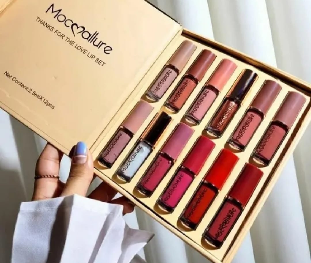 MOCMALLURE 12 Pcs Matte Liquid Lipstick Set for Women | Long Lasting Velvet Lip Gloss Makeup Gift Box Nude Pink Red Shades ladies makeup kit Pakistan