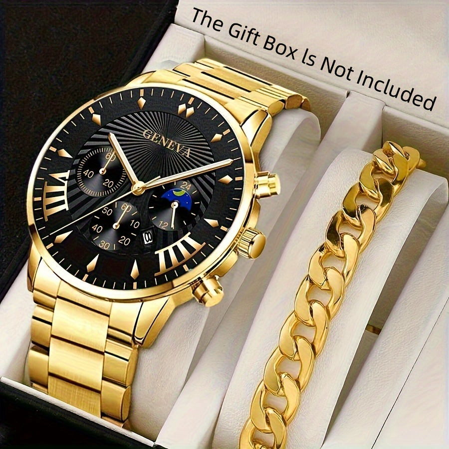 Premium Men’s Luxury steel straps round dial watches hand watch-silver watch- men watches-watch for boys-watch for men-watch for kids-watch for young's-watch for boys + Bracelet + With Chain+Ring -High Quality stylish-branded-watch Best  for Gift