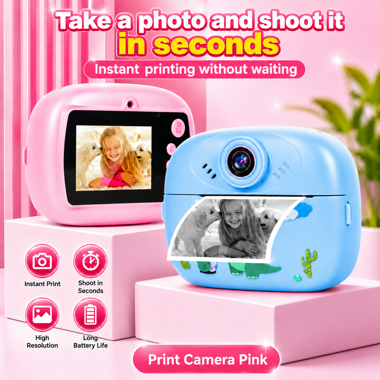 Smart Digital Dual Lens instant Print camera For kids 1080 P Vedio Recorder & Selfie Camera With Tharmal Printer Camera 2.4" IPS Screen Mini Portable Camera With Games Best Gift For Gift For Both Girls And Boys ! Children Digital Camera Toys For Kids
