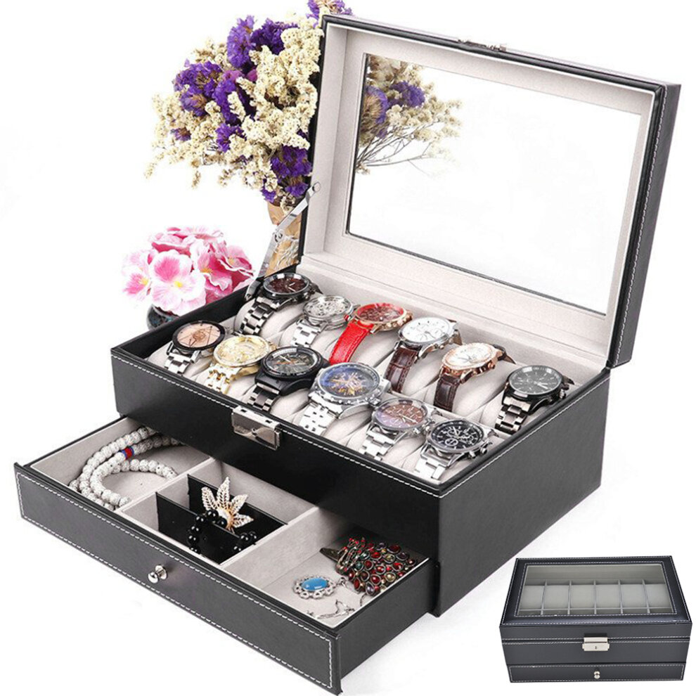 DecorZone 12 Slots Fashion Watch Box PU Leather Watch Case Holder Organizer 2 Layers Jewelry Display Storage Stand Box for Gift Men Women
