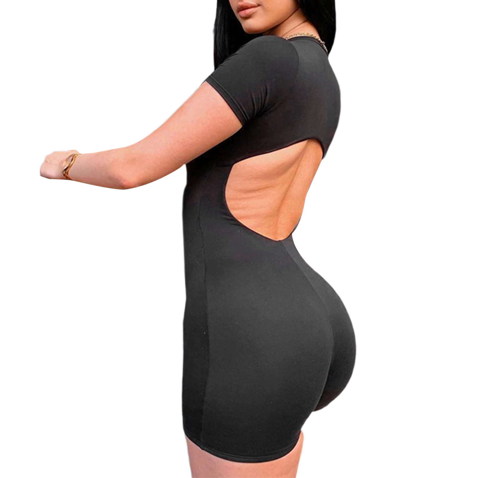 Women Close Fitting Backless Overalls Solid Color Short Sleeve Quarter Zip One Piece Blue Black Buy Online At Best Prices In Pakistan Daraz Pk