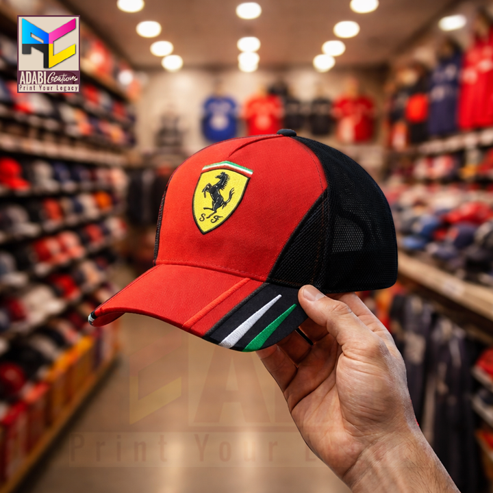 Premium Quality Ferrari Embroidery Logo Cap for Men, Boys & Girls – Stylish Red & Black Adjustable Sports Hat with Breathable Mesh Back – Luxury Car Inspired Baseball Cap for Ferrari Lovers – Trendy Casual Wear Snapback Style Fashion Cap for Outdoor, Spor