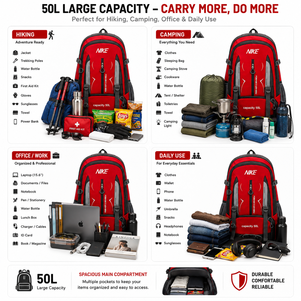 50L Large Capacity Travel Backpack | Hiking Camping Bag | Waterproof Sports Backpack with Chest Strap | Black & Red