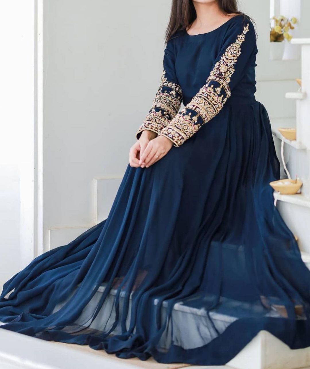 Designer Chiffon Stitched Maxi For Women | New Long Style Embroidered Maxi | Stylish Maxi / Ready to Wear /Wedding Dress For Women/Girls Article May-050 Sale Low Price