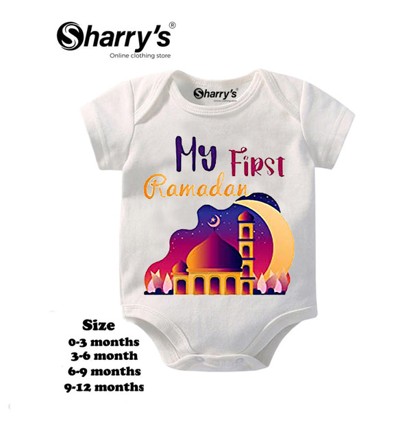 Sharrys 1st Ramzan Romper | Half Sleeves Baby Romper Bodysuit For Babies infant Onesis 0-14 Months Summer Wear Trendy Printed