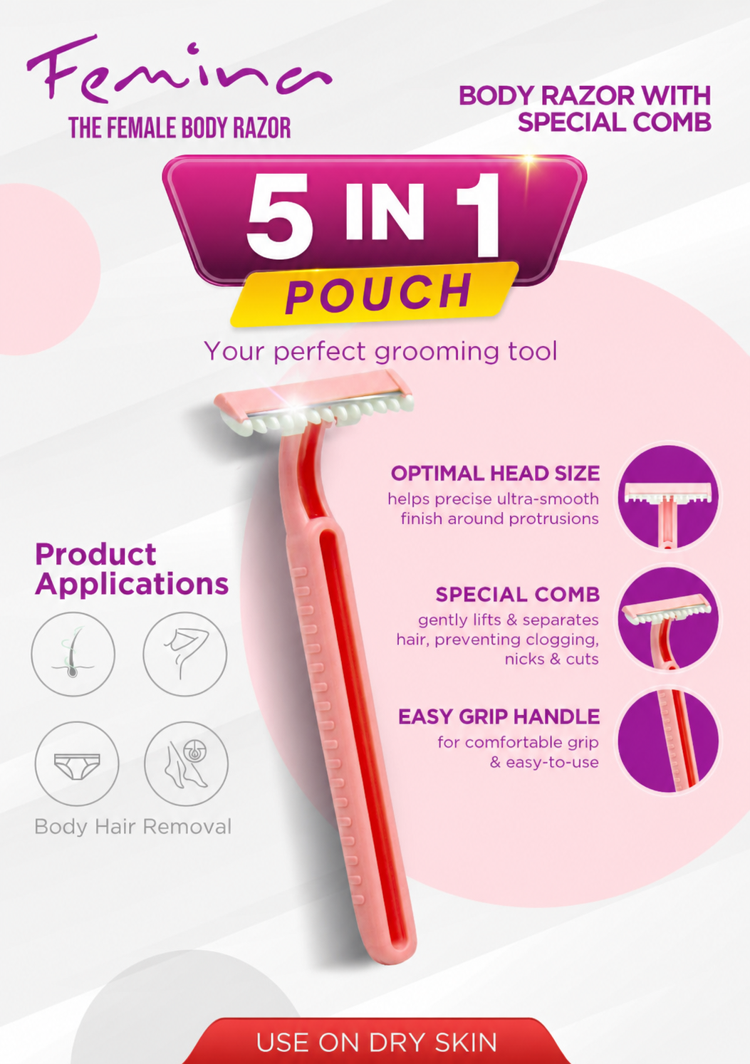 Treet Femina Body Razor Pouch - Disposable Razor for Women, Hygienic Shaving Razor for Body and Private Parts, Treet Razor for Smooth Hair Removal, Women’s Razor