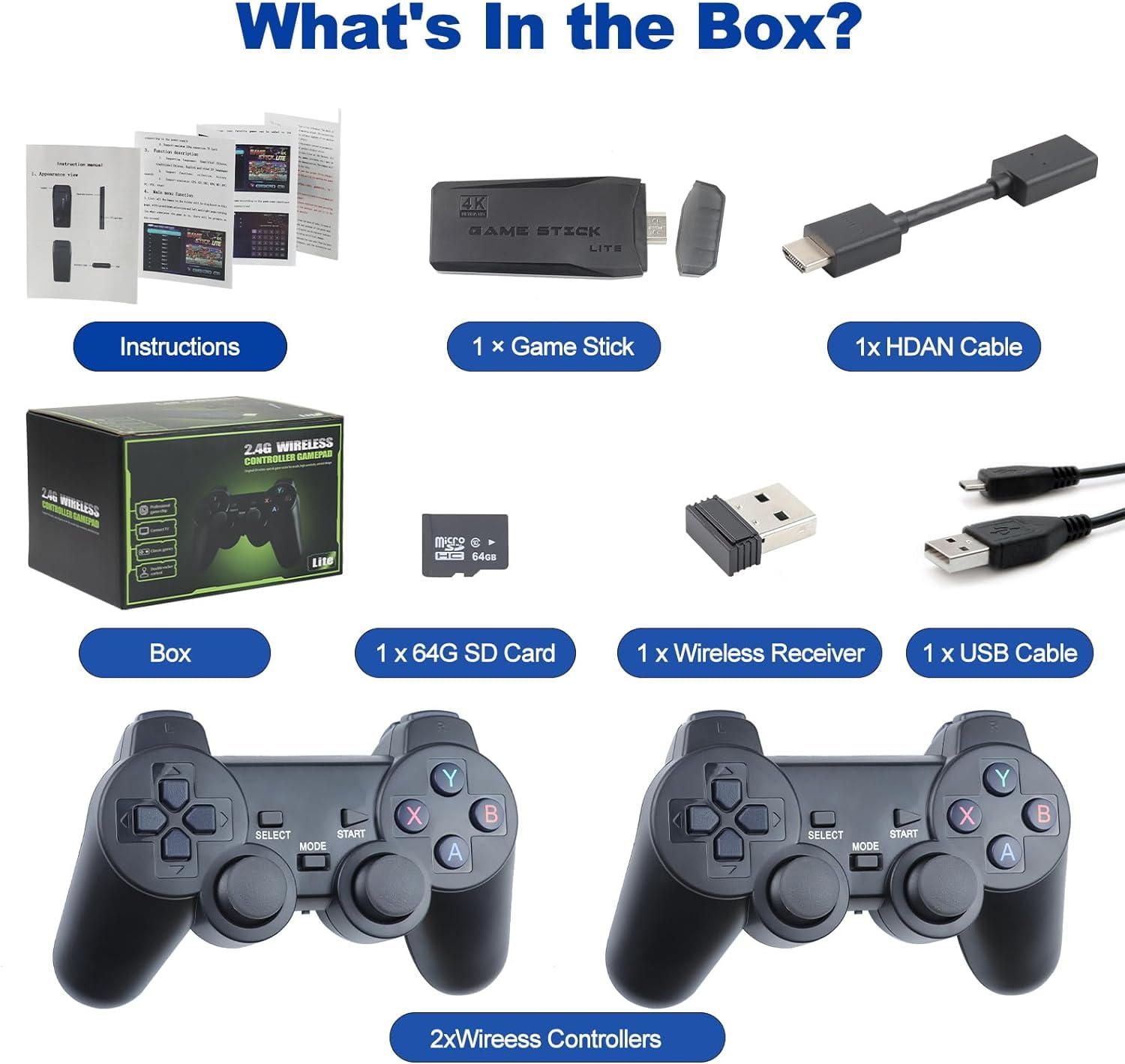 2.4G Wireless Controller Game Stick With 64gb Tf Card Plug and Play Video Game Stick Built in 10000+ Games, 4K High Definition HDMI Output with Two Game Controllers