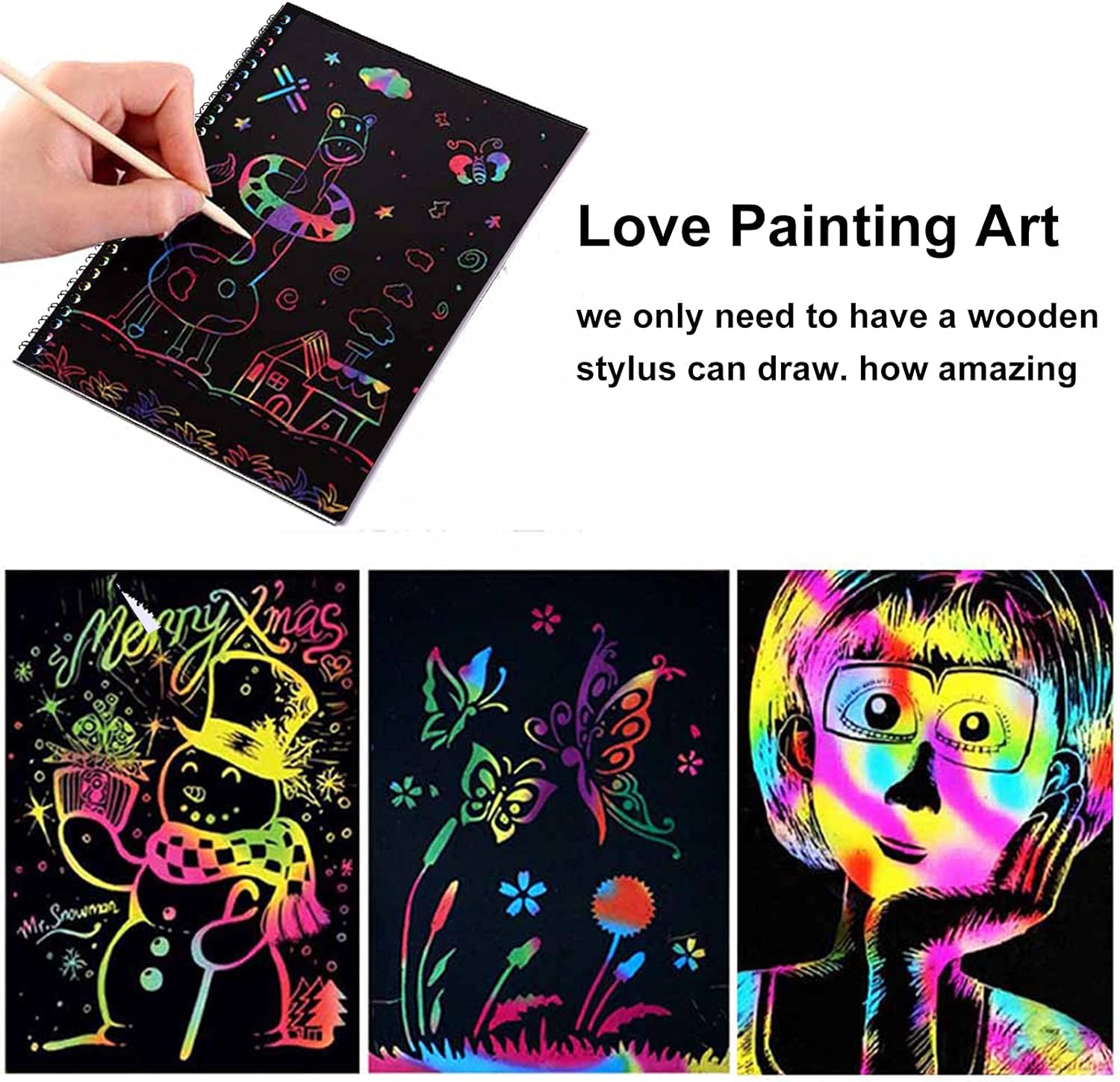 Rainbow Scratch Paper Note Art Kit - 9 Color-Reveal Sheets, Wooden Stylus & Drawing Stencil for Creative Expression, Stress Relief, and Artistic Fun for Kids, Teens, and Adults.