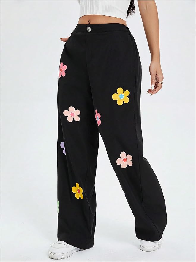HER'TESORO Flowers Print Wide Leg Jeans For Women