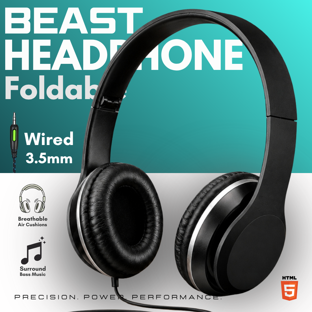 【BEAST】 Wired Over-Ear Headphones | No-Mic Pure Audio Studio Headset | 3.5mm Universal Plug & Play Wired Headphone with Ultra HD Surround Sound & Deep Bass | Foldable Lightweight Music & Gaming Headset – Al Madina Store.pk