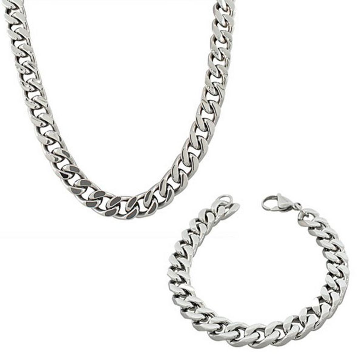 Set of Silver Stainless Steel Cuban Link Neck Chain and Wrist Bracelet Band for Men / Boys
