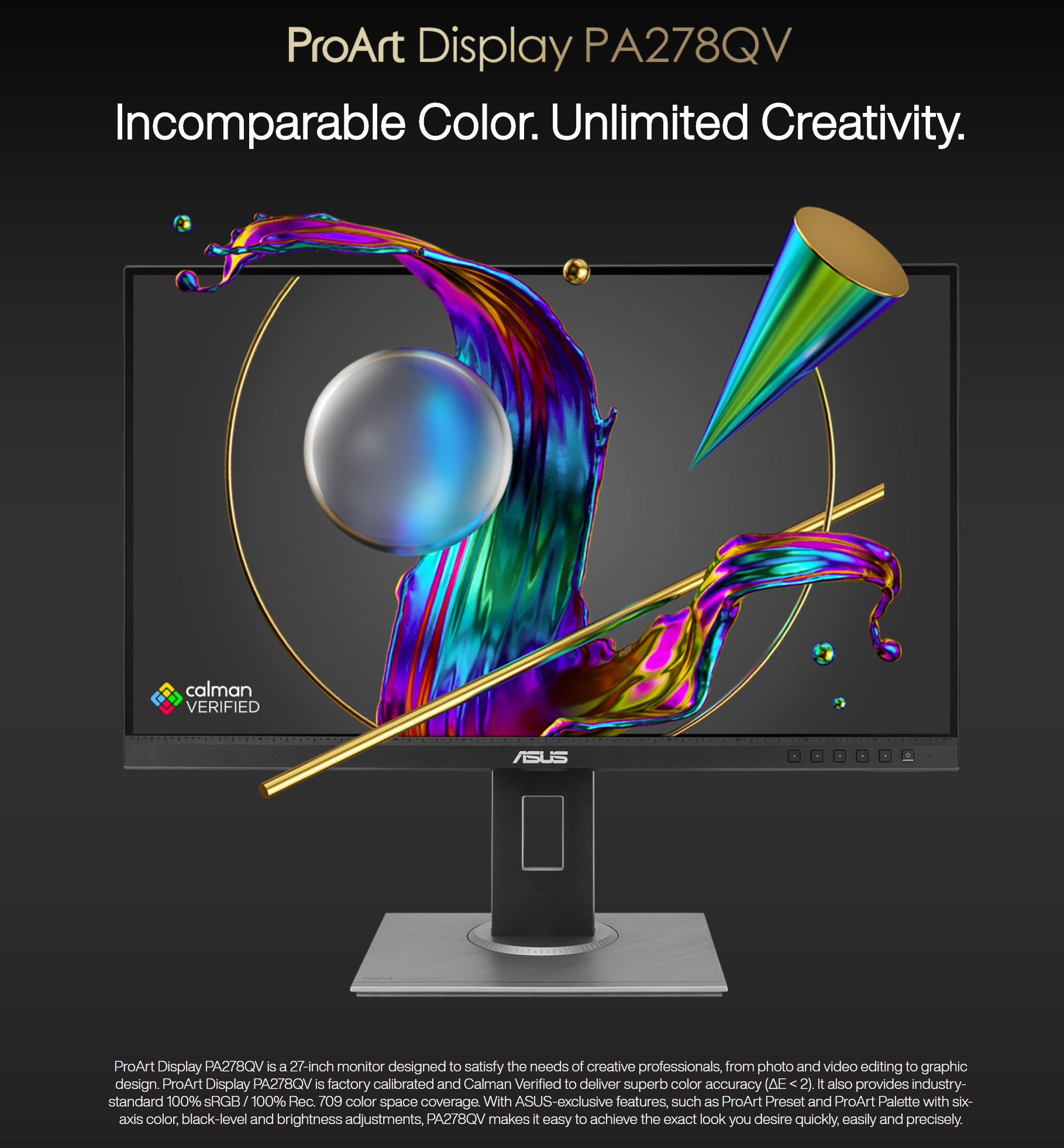 ASUS ProArt Display PA248QV 24.1-inch Professional Monitor 16:10, IPS, WUXGA (1920 x 1200), 100% sRGB, 100% Rec.709, Color Accuracy ΔE < 2, Calman Verified, ProArt Preset, ProArt Palette 18 471819b3df3fed3b9fdaaea0a65378ed