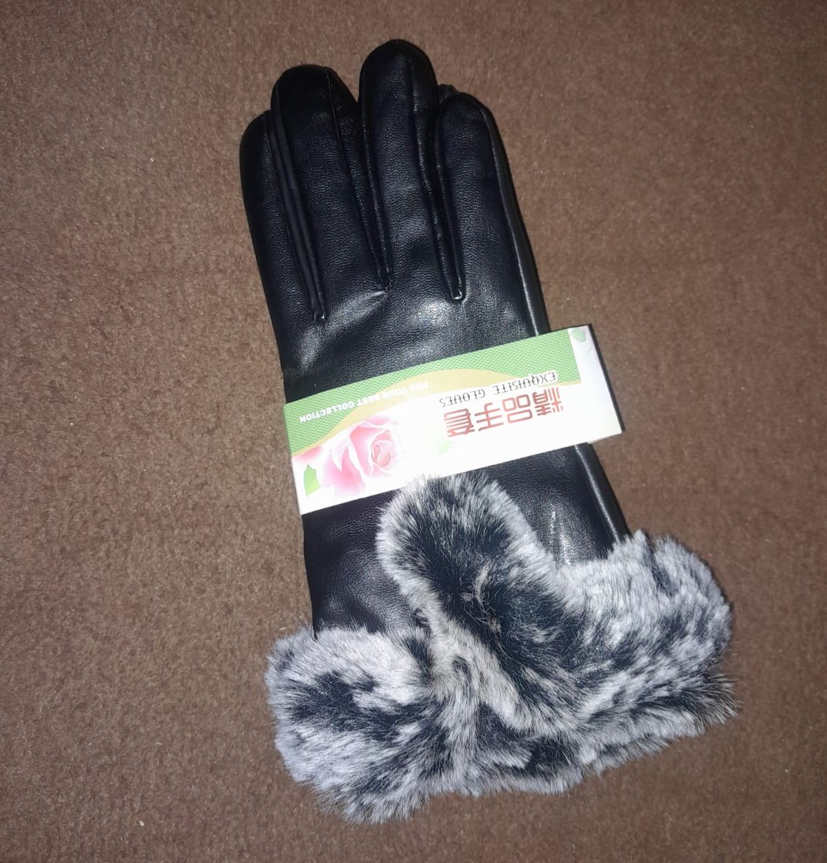 Outdoor Winter Women Windproof Faux Leather Touch Screen Full Finger Gloves with Faux Rabbit Fur Lining
