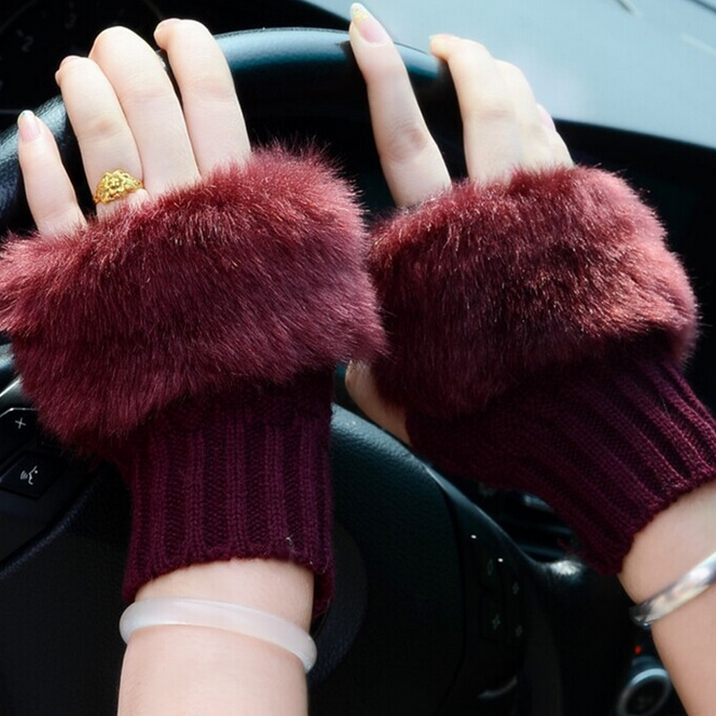 Fashionable Women’s Faux Rabbit Fur Winter Fingerless Wrist Warmers Knitted Gloves