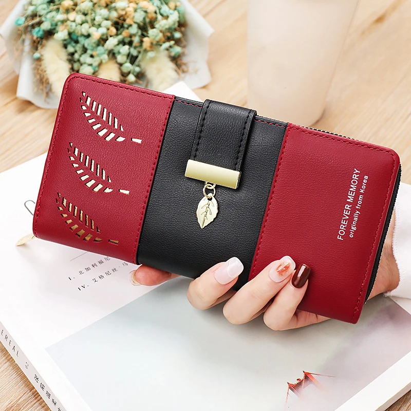 Hollow Leaves PU Leather Women's Long Wallet Fashion Female Coin Purses Hasp Zipper Hand Clutch for Women