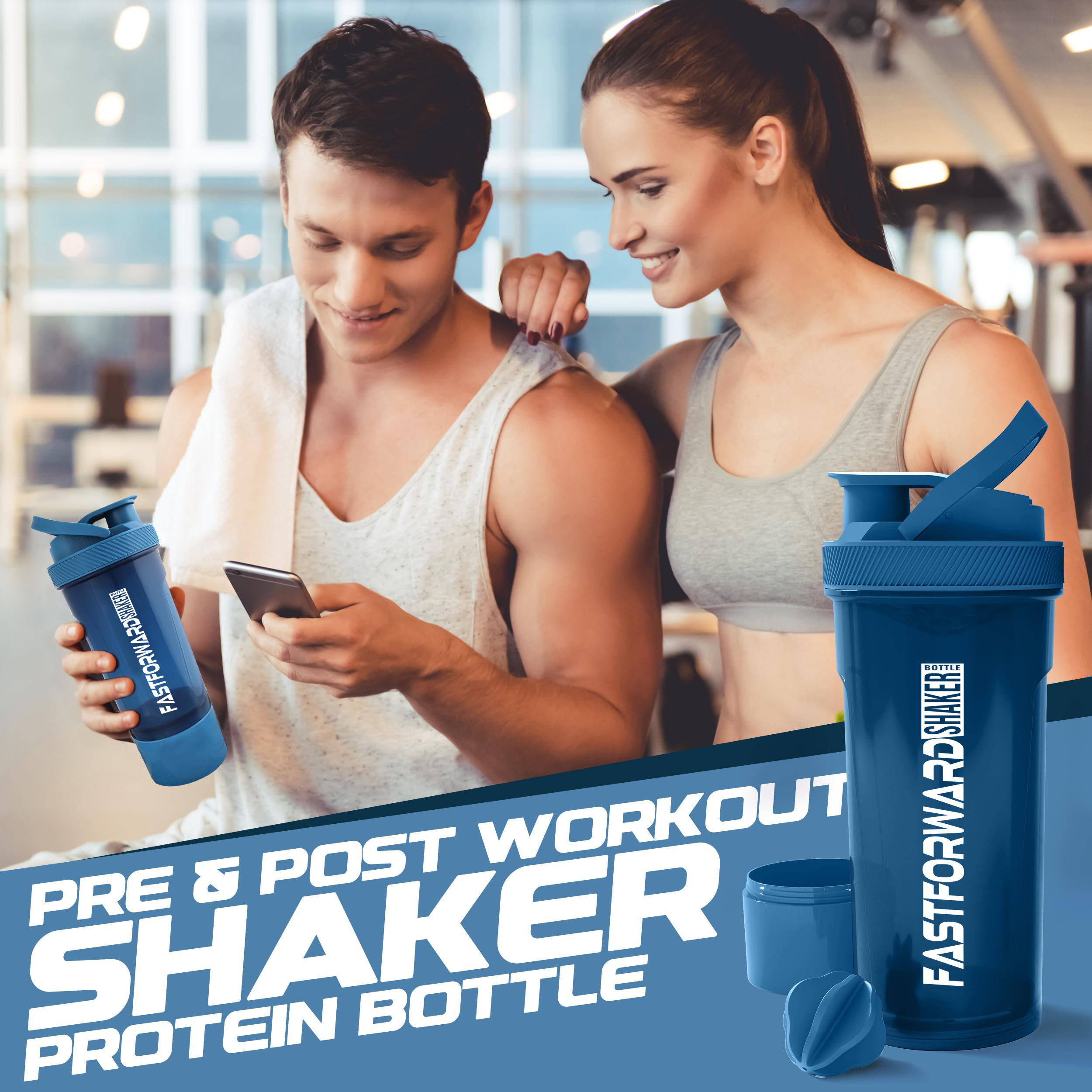 Fast Forward Shaker Bottle - 24 Ounce Protein Shaker Plastic Bottle for Pre & Post workout with Twist and Lock Protein Box Storage Pack of 2