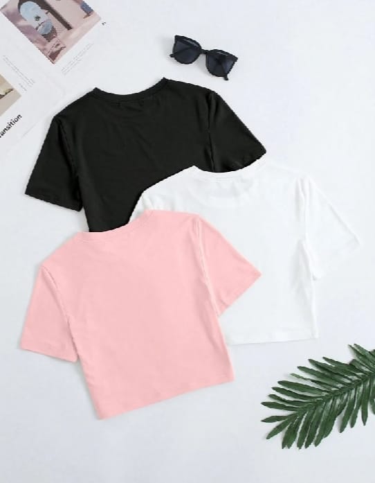 MK Garments - Pack Of 3 Plain Cotton Crop Top Round Neck Half Sleeves  Casual Wear Crop T-Shirt For Girls & Women