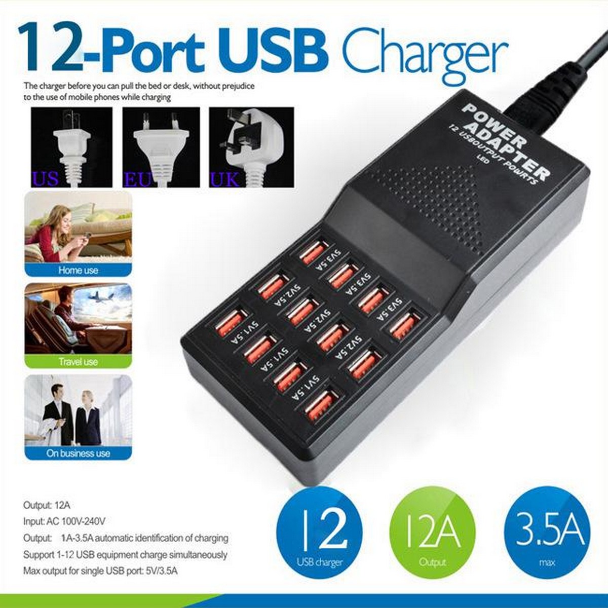 Universal 12 Ports USB Wall Travel Charger USB Desktop Wall Charger Hub Multi Port Rapid Adapter W858