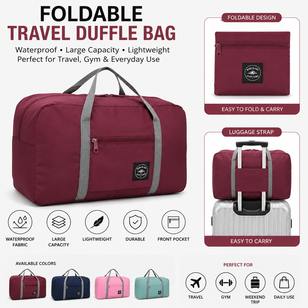 Foldable Travel Duffle Bag Waterproof Large Capacity Luggage Hand Carry Gym Bag for Men Women
