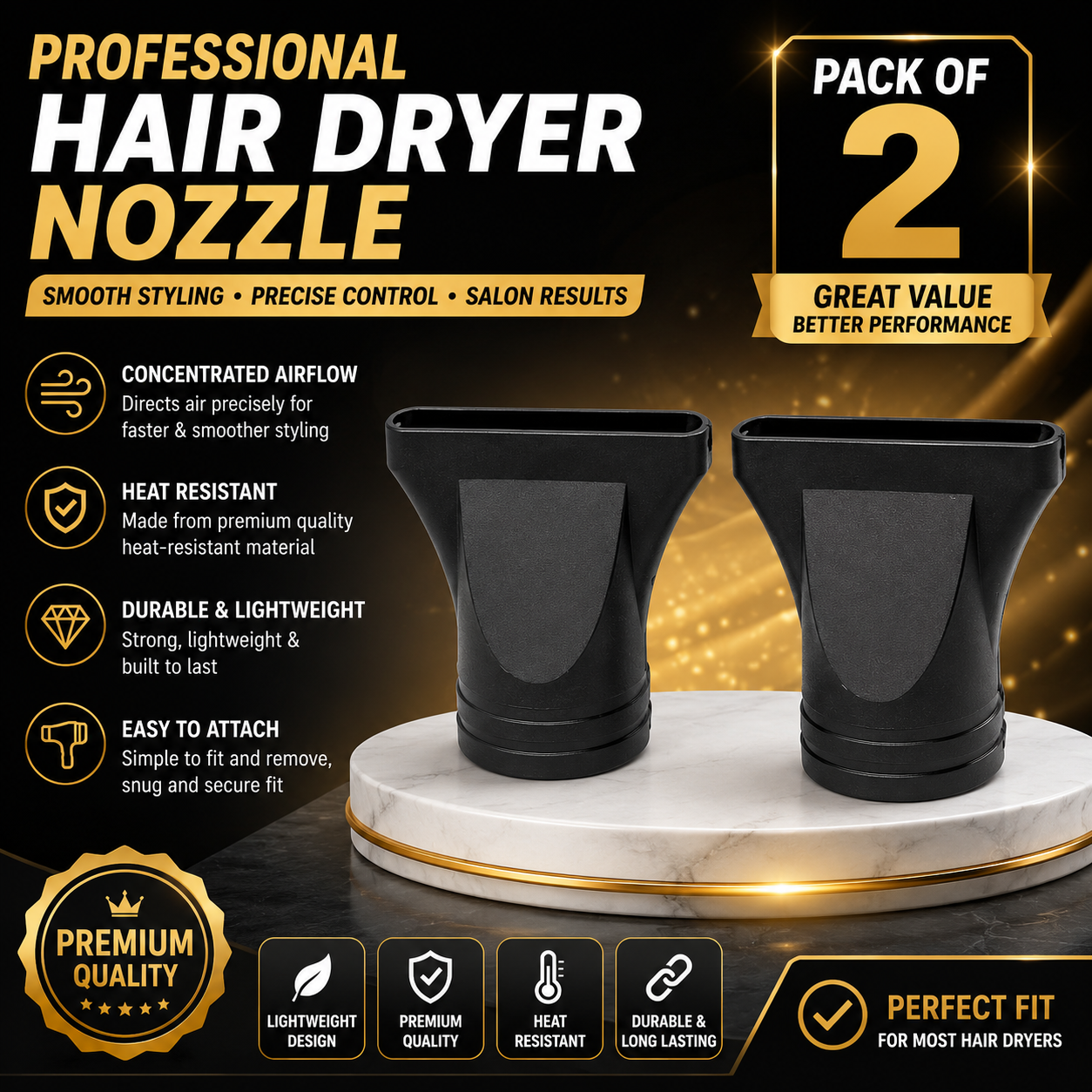 PACK OF 2 Plastic Flat Hair Dryer - universal nozzel - Narrow Concentrator Nozzle
