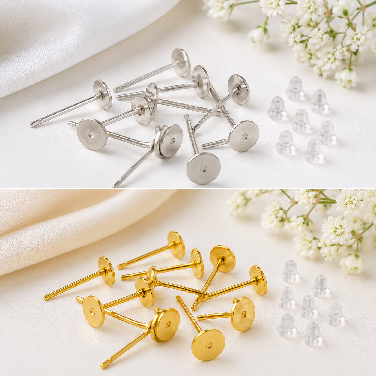 5mm Flat Pad Earring Posts with Silicone Backs | Gold & Silver Ear Stud Pins for DIY Jewelry Making | Hypoallergenic Earring Findings