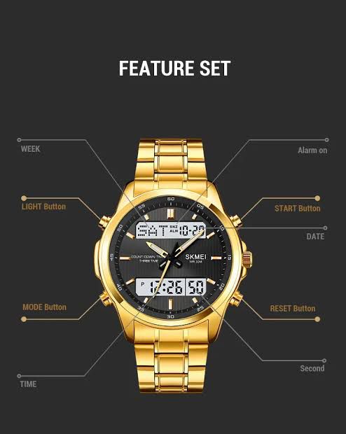 Premium Dual Time Men’s Digital Analog Watch – Steel Chain, Water Resistant, Full Function Display