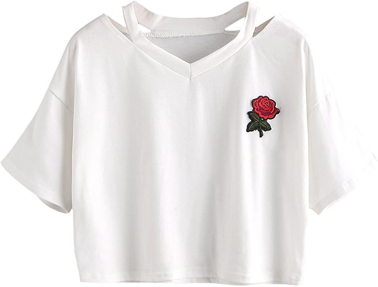 Trendy Women's Loose-Fit Crop Top with Printed Rose