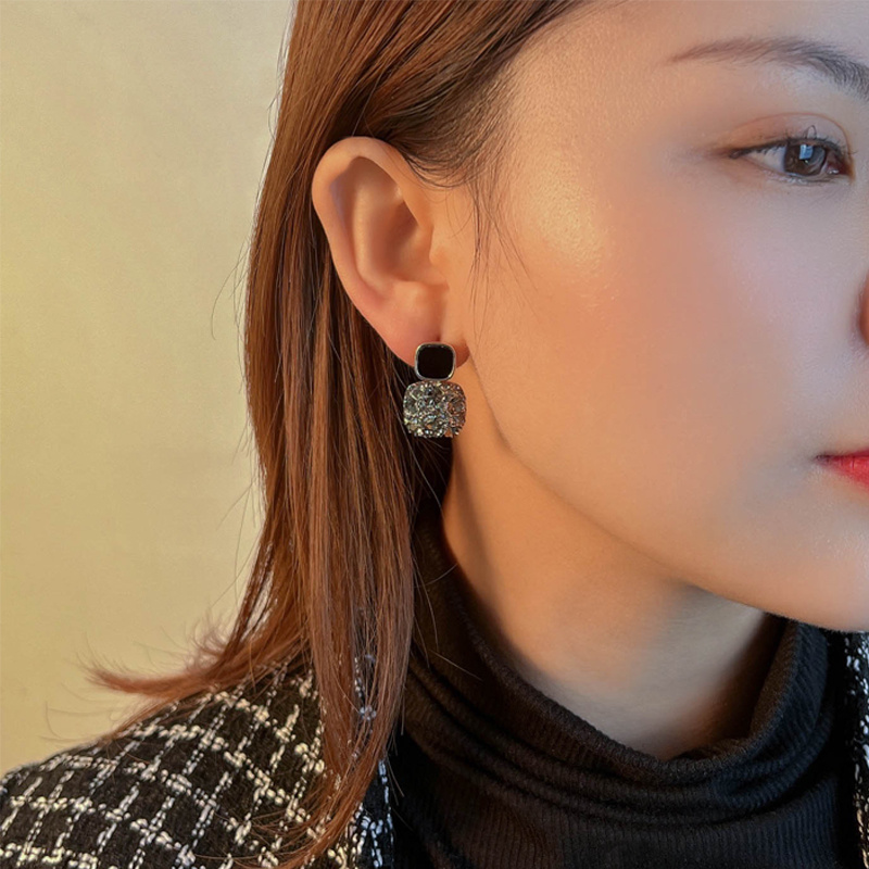 Crystal Square Earrings For Girls and Women Black Purple and White Simple Stylish New Design Korean High Quality Drop Earrings