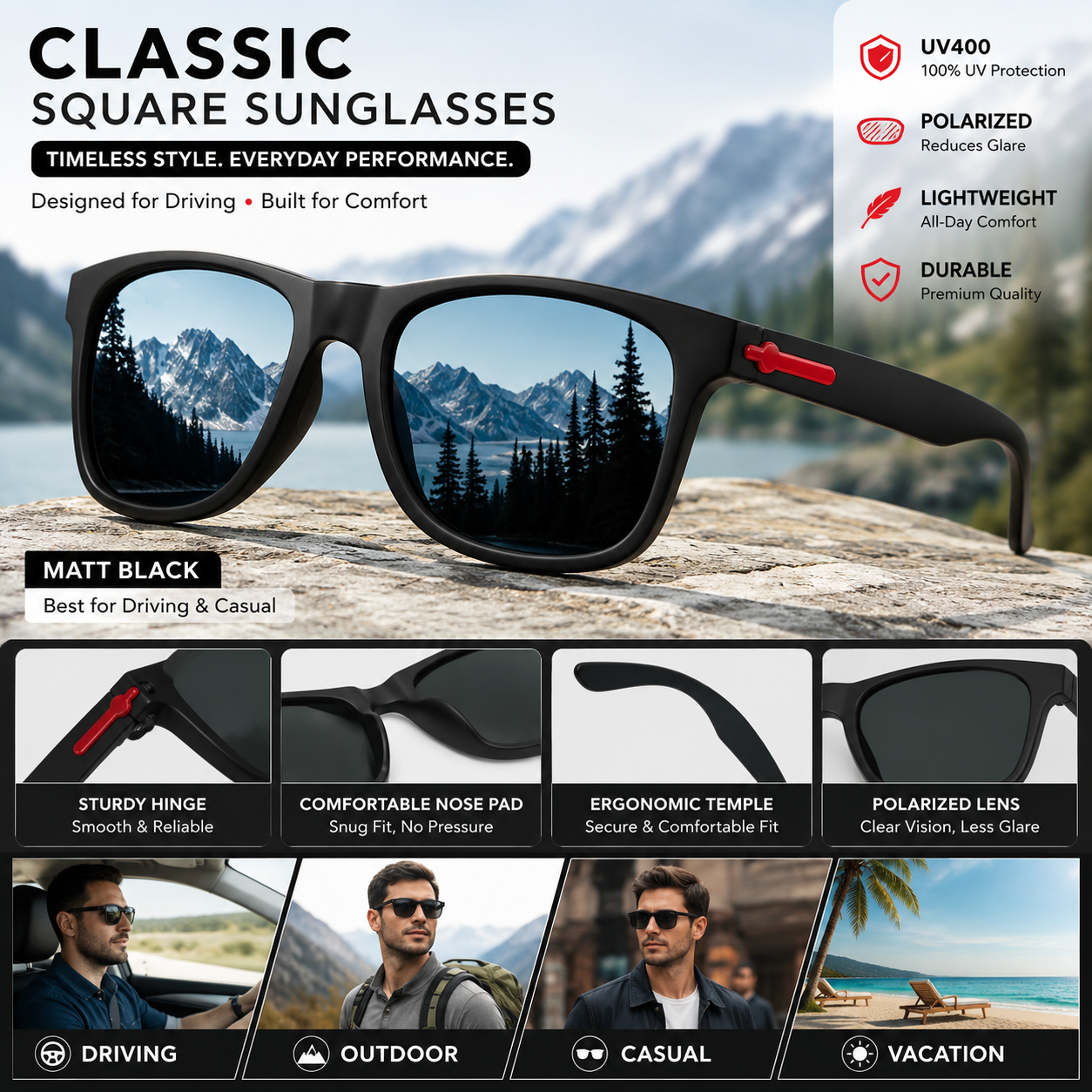 Classic Square Polarized Sunglasses for Men & Women | UV400 Protection | Lightweight Matt Black Driving & Casual Fashion Eyewear