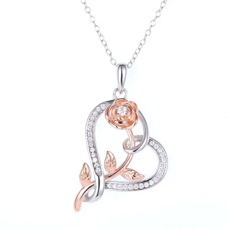 Heart & Rose Crystal Pendant Necklace for Women – Rose Gold & Silver Luxury Fashion Jewelry Gift