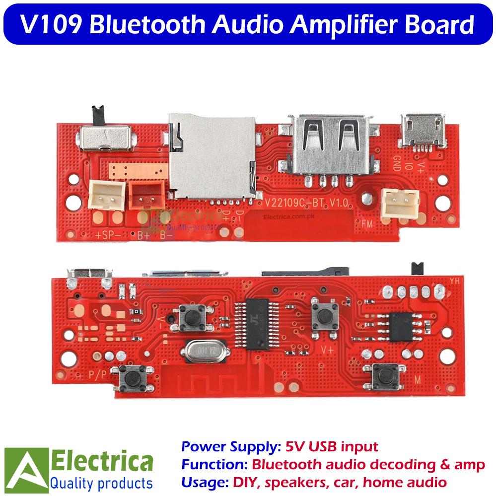 V109 5V USB Bluetooth MP3 Decoder Board | Wireless Audio Receiver Module with USB, TF Card, AUX & FM Radio for DIY Speaker, Car Audio & Home Sound System by Electrica