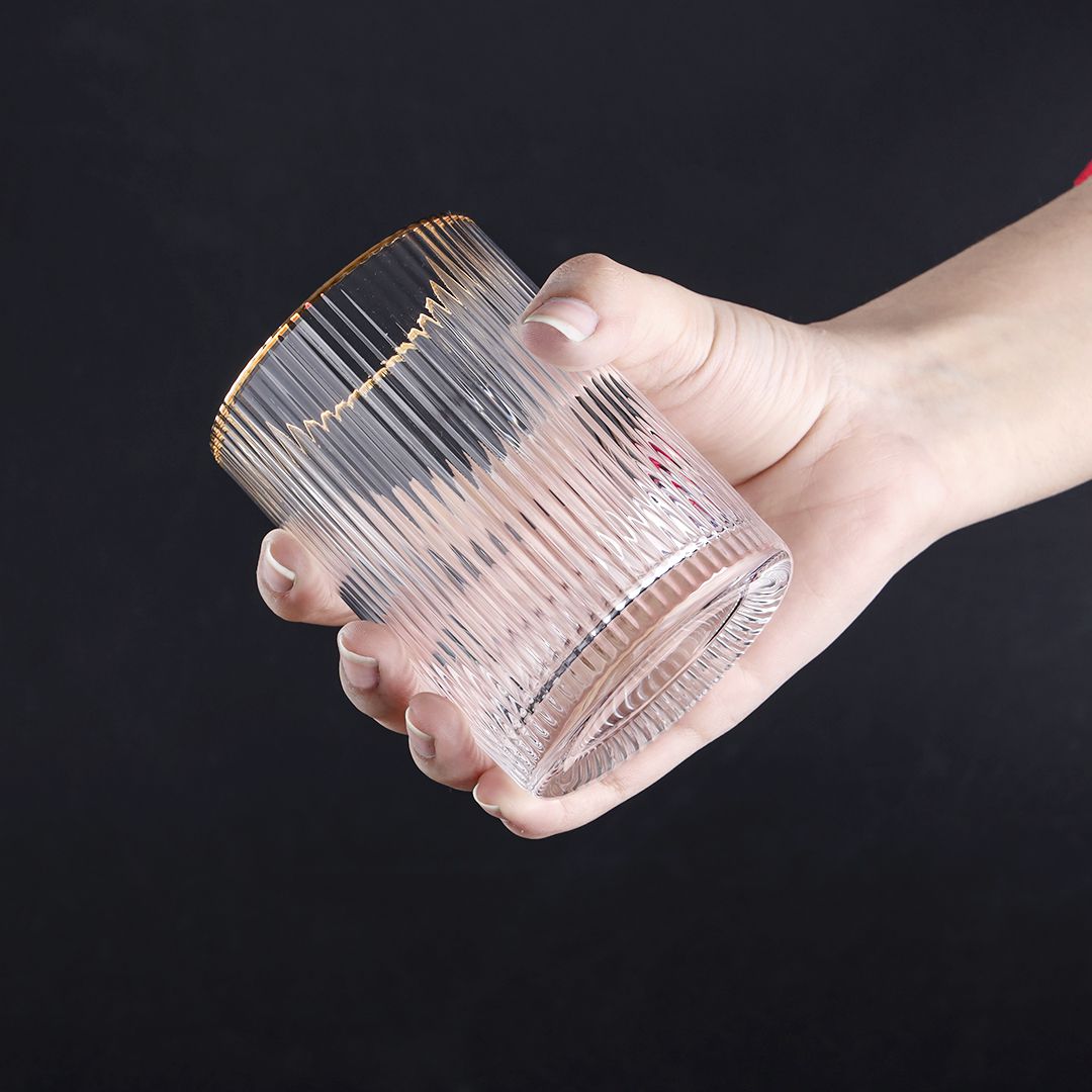 Drinkware Glass Set Of 6 Pcs – Ridged Stripe Gold Rim Glassware Set