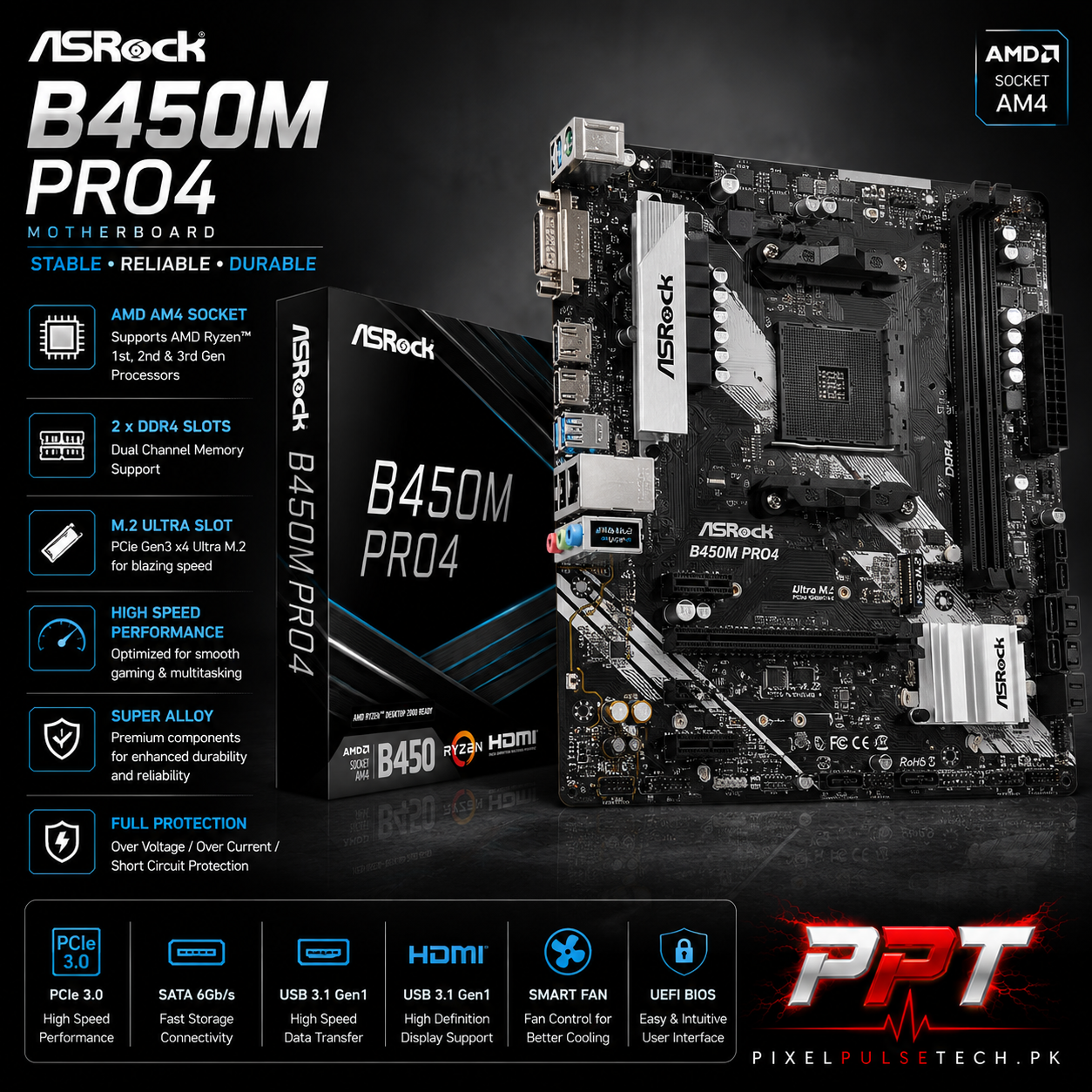 B450M Pro AM4– Micro ATX Motherboard –2 Ram Slot– PixelsPulseTech.pk