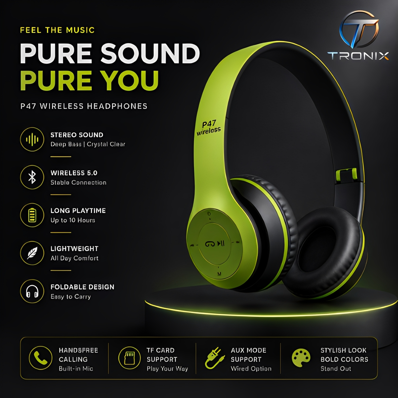 P47 Wireless Bluetooth Headphones | Foldable Over-Ear Headset | Stereo Sound | Built-in Mic | Compatible with All Bluetooth Devices.